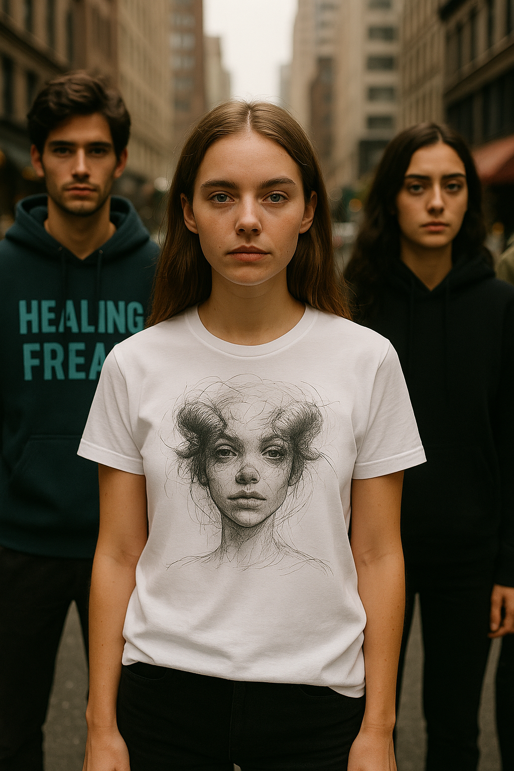 Ucique Dark Art T-Shirt – Occult Horned Portrait | Eco Unisex Gothic Streetwear