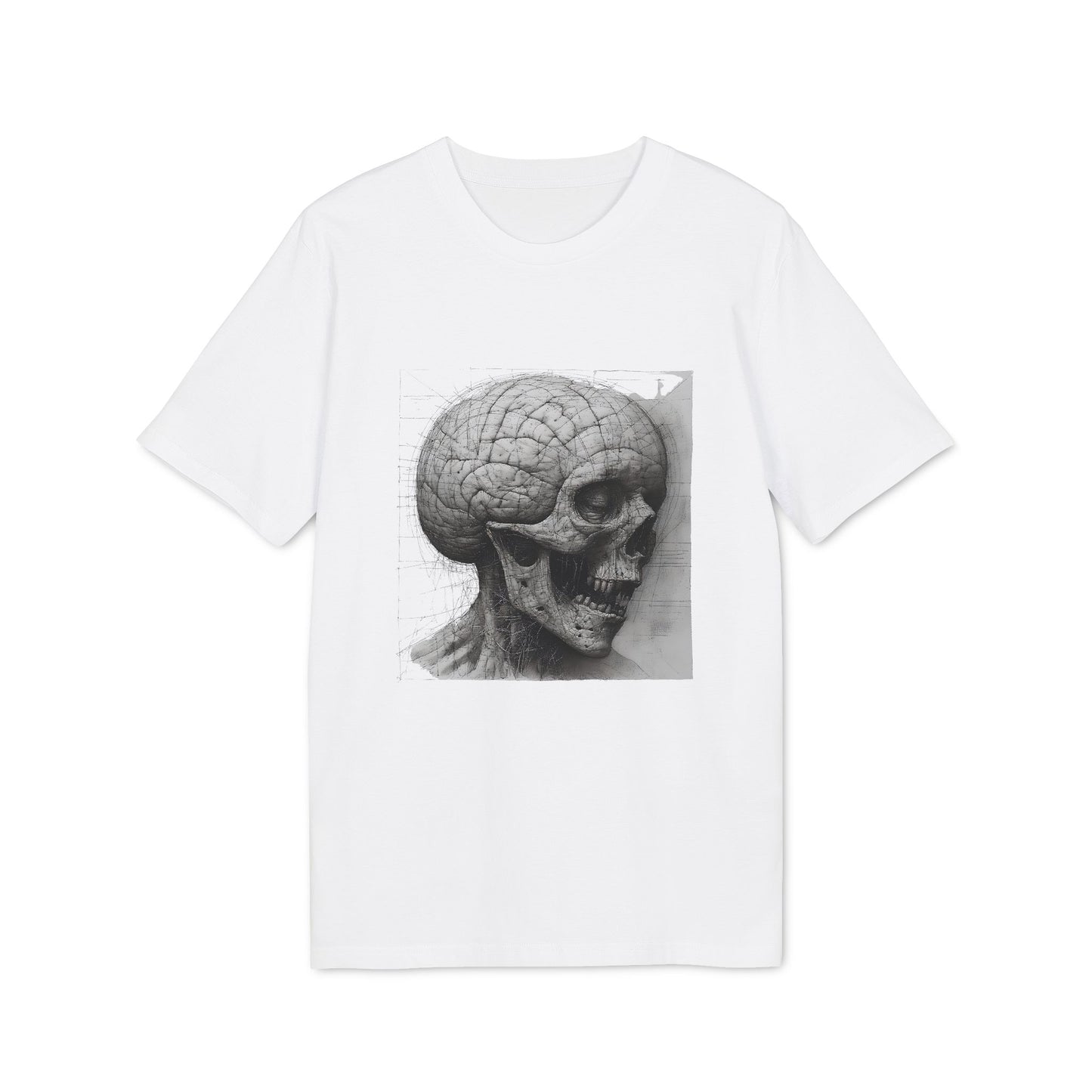 Ucique Mind Anatomy T-Shirt – Surreal Skull Blueprint Design | Organic Cotton Eco Streetwear