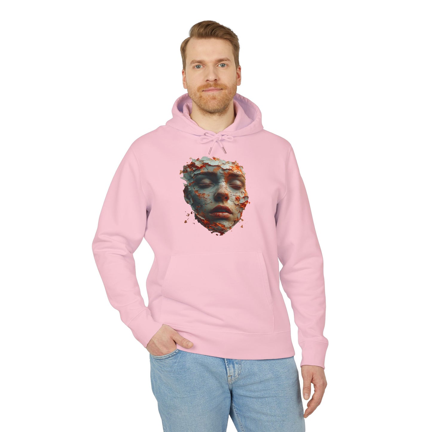 Ucique Fragmented Serenity Hoodie – Surreal Cracked Face Design | Organic Cotton Eco Gothic Streetwear