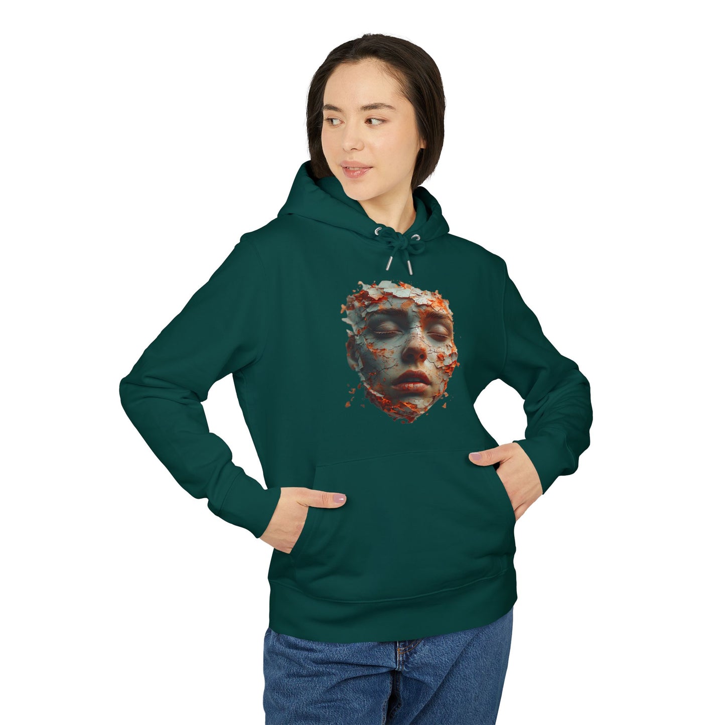 Ucique Fragmented Serenity Hoodie – Surreal Cracked Face Design | Organic Cotton Eco Gothic Streetwear