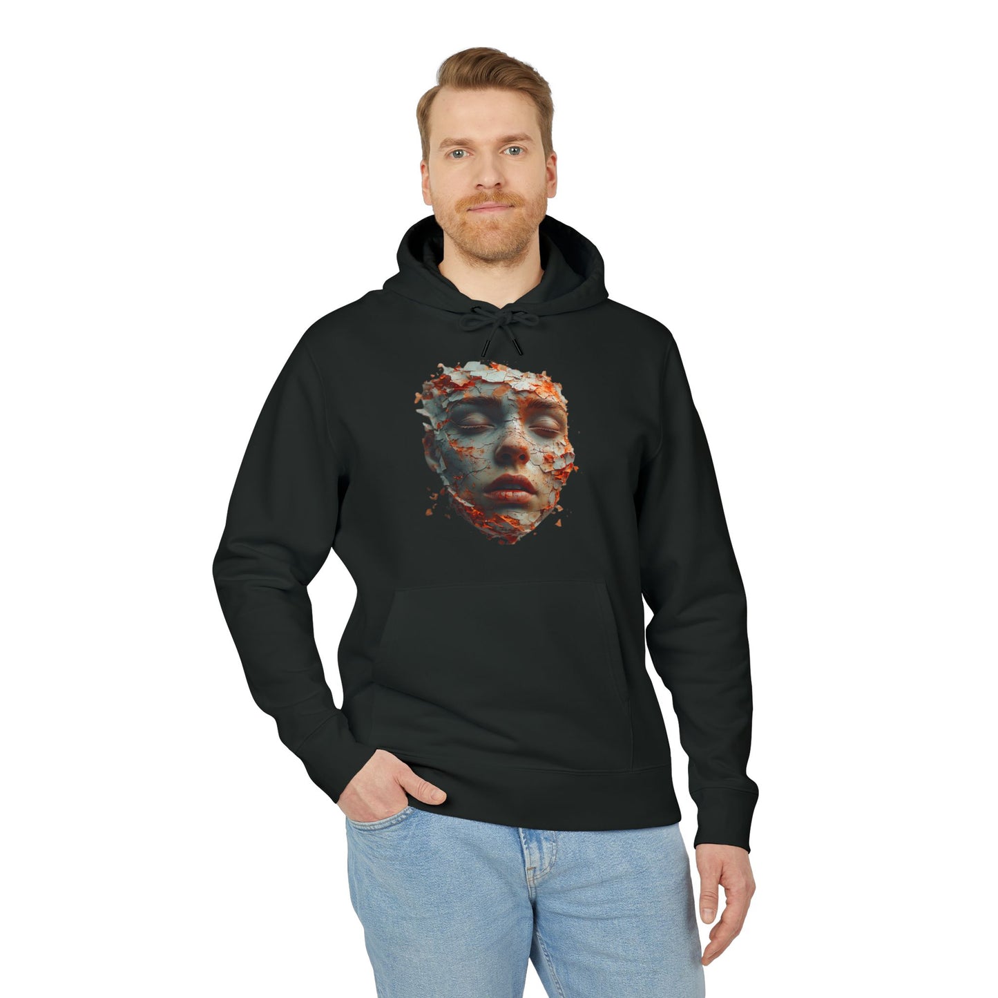 Ucique Fragmented Serenity Hoodie – Surreal Cracked Face Design | Organic Cotton Eco Gothic Streetwear