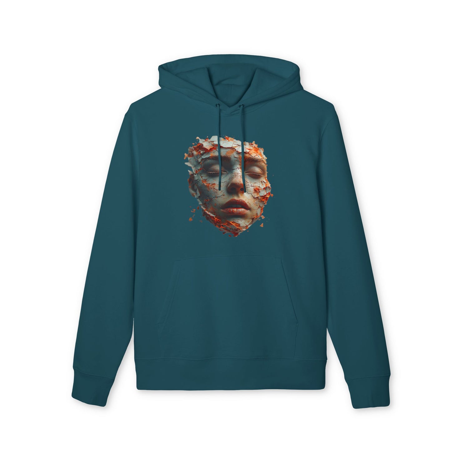 Ucique Fragmented Serenity Hoodie – Surreal Cracked Face Design | Organic Cotton Eco Gothic Streetwear