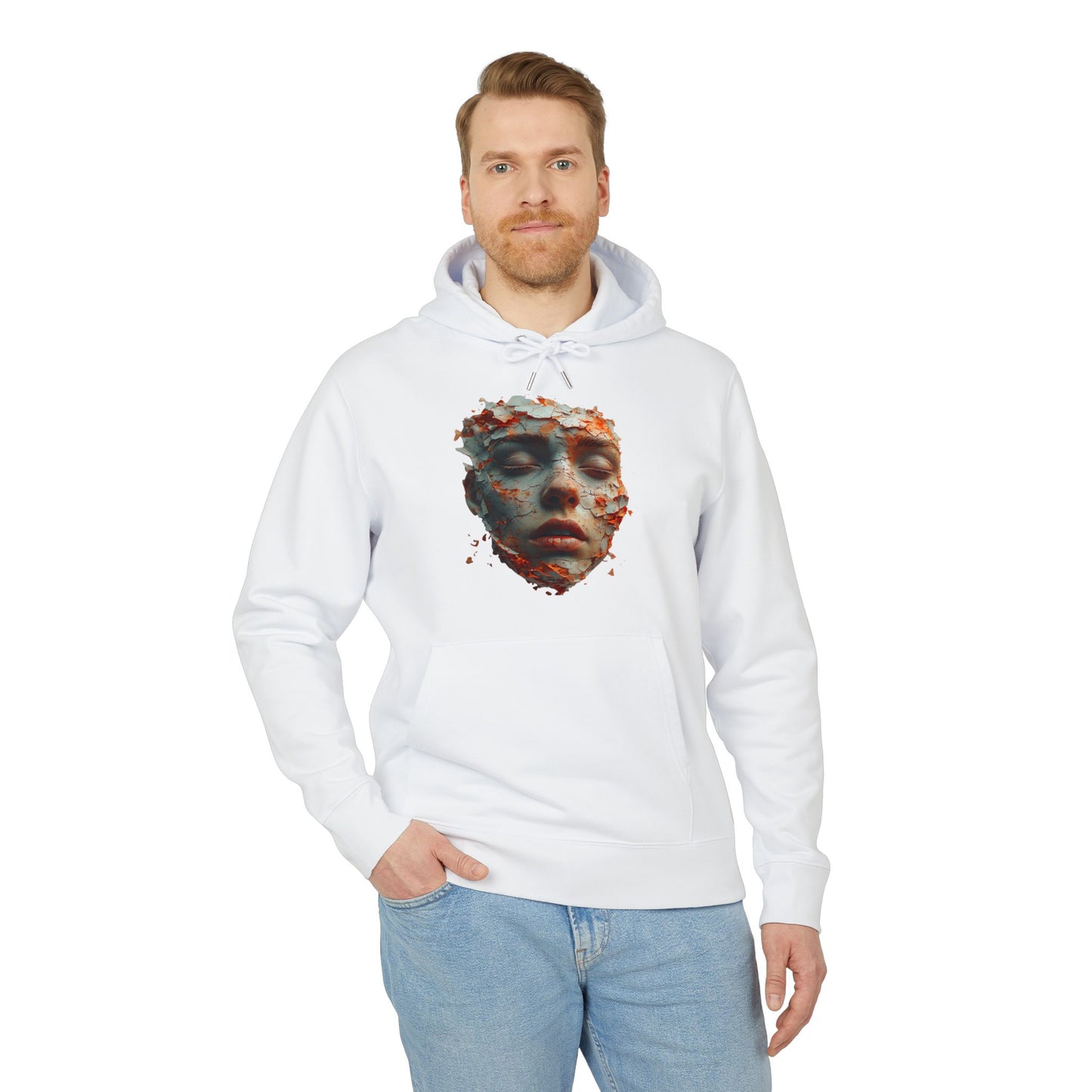 Ucique Fragmented Serenity Hoodie – Surreal Cracked Face Design | Organic Cotton Eco Gothic Streetwear