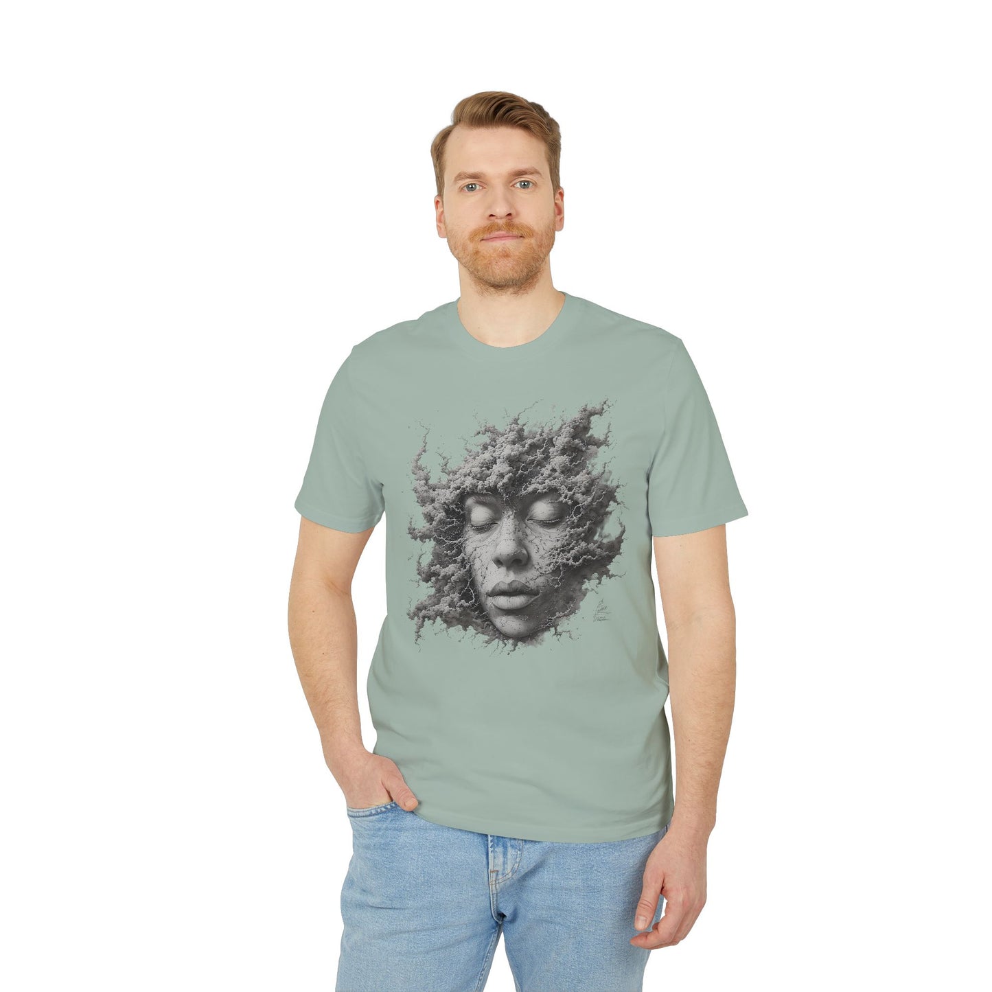Ucique Dust of Silence T-Shirt – Surreal Face Fragment Design | Organic Cotton Eco Streetwear
