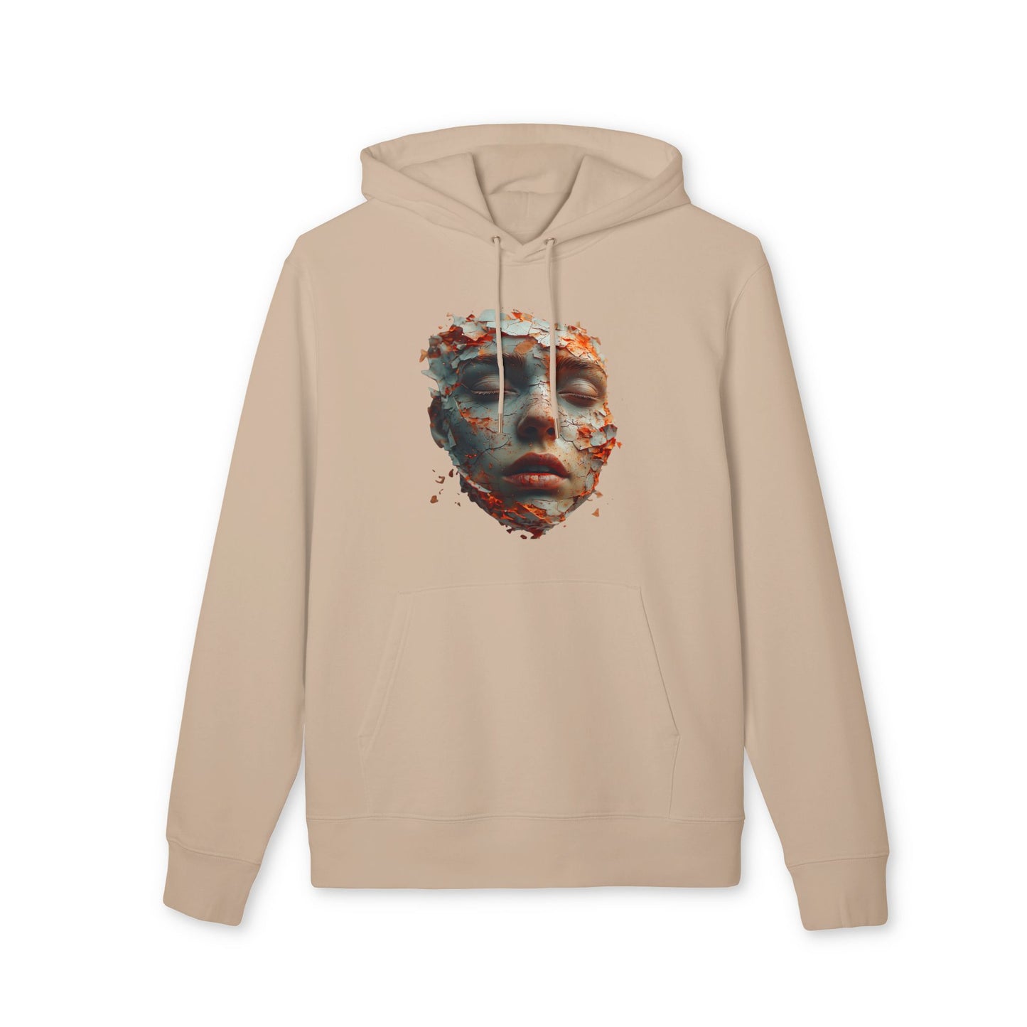 Ucique Fragmented Serenity Hoodie – Surreal Cracked Face Design | Organic Cotton Eco Gothic Streetwear