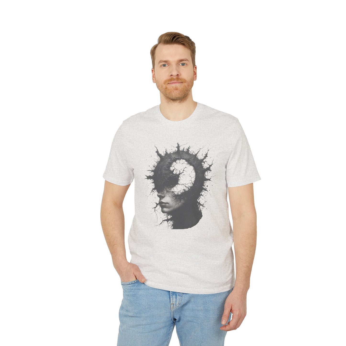 Ucique Spiral Mind T-Shirt – Surreal Cracked Head Design | Organic Cotton Eco Streetwear