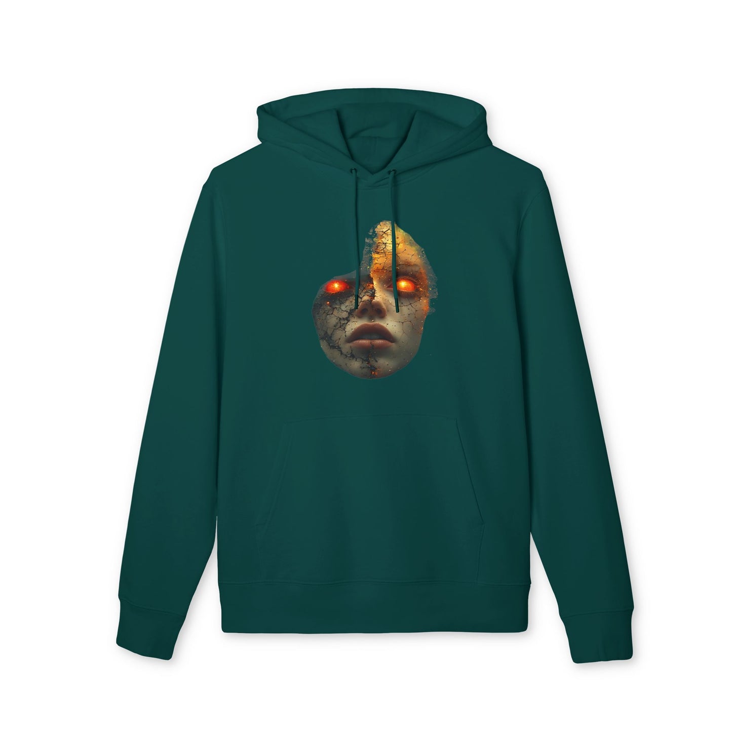 Ucique Cracked Mask Hoodie – Surreal Face with Glowing Eyes | Organic Cotton Gothic Eco Streetwear