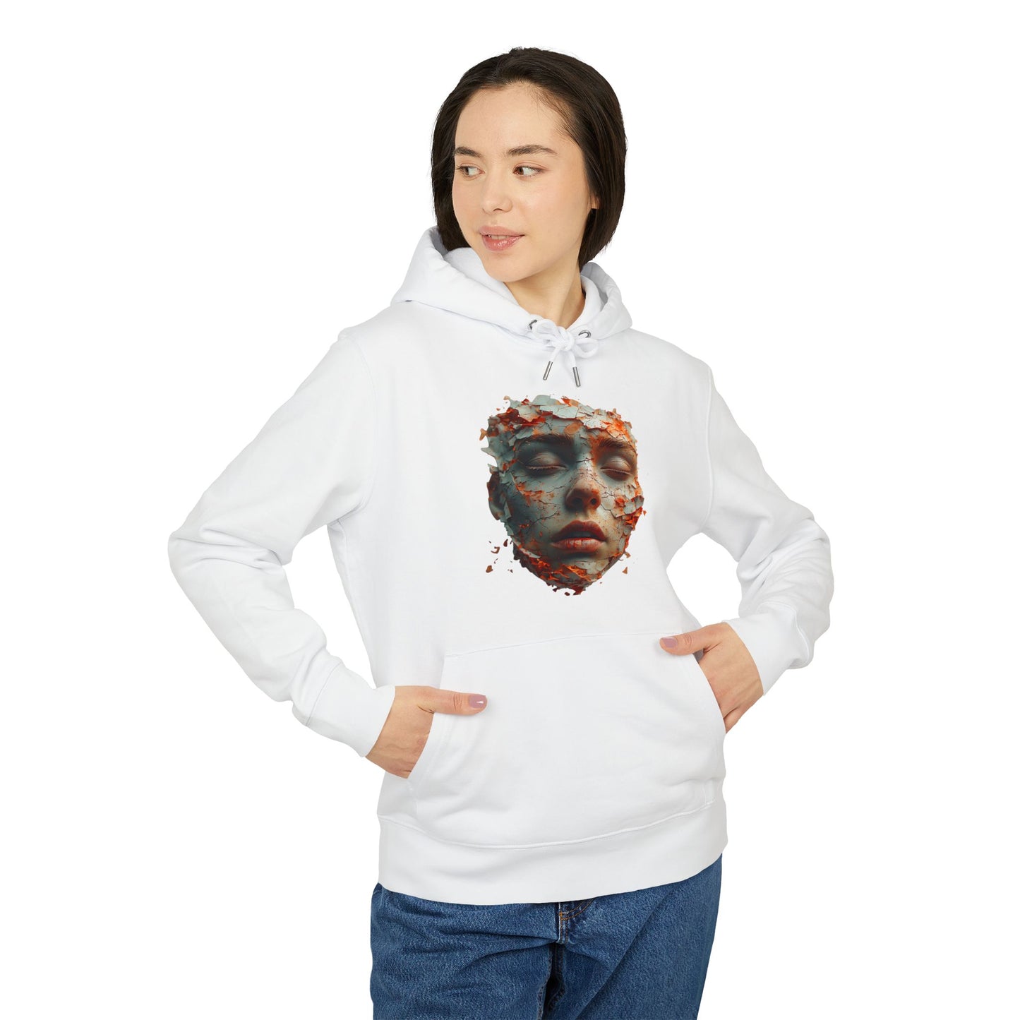 Ucique Fragmented Serenity Hoodie – Surreal Cracked Face Design | Organic Cotton Eco Gothic Streetwear