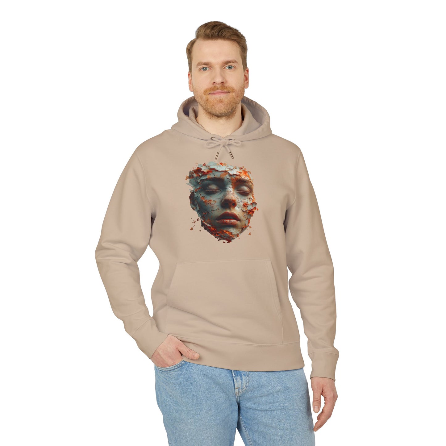 Ucique Fragmented Serenity Hoodie – Surreal Cracked Face Design | Organic Cotton Eco Gothic Streetwear