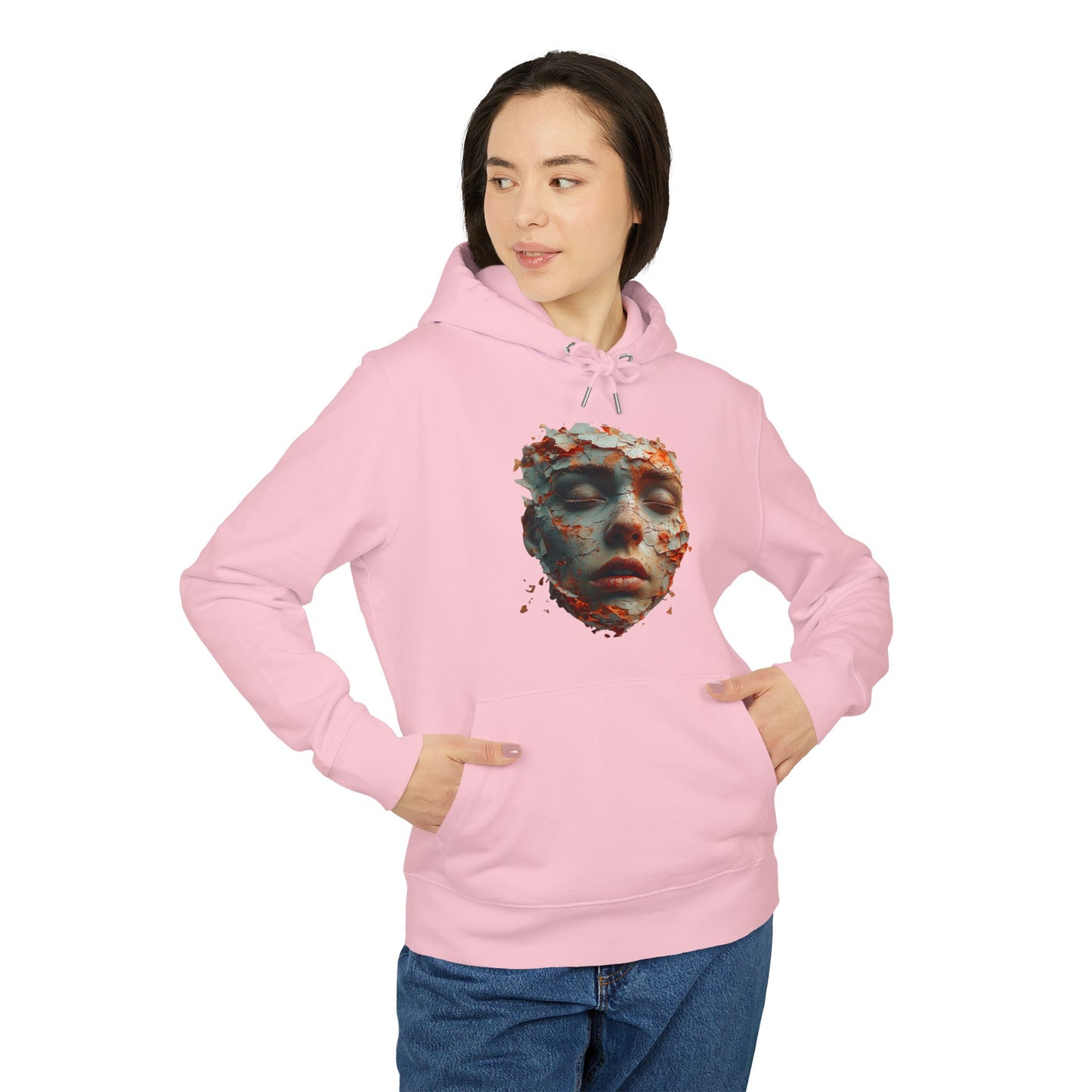 Ucique Fragmented Serenity Hoodie – Surreal Cracked Face Design | Organic Cotton Eco Gothic Streetwear