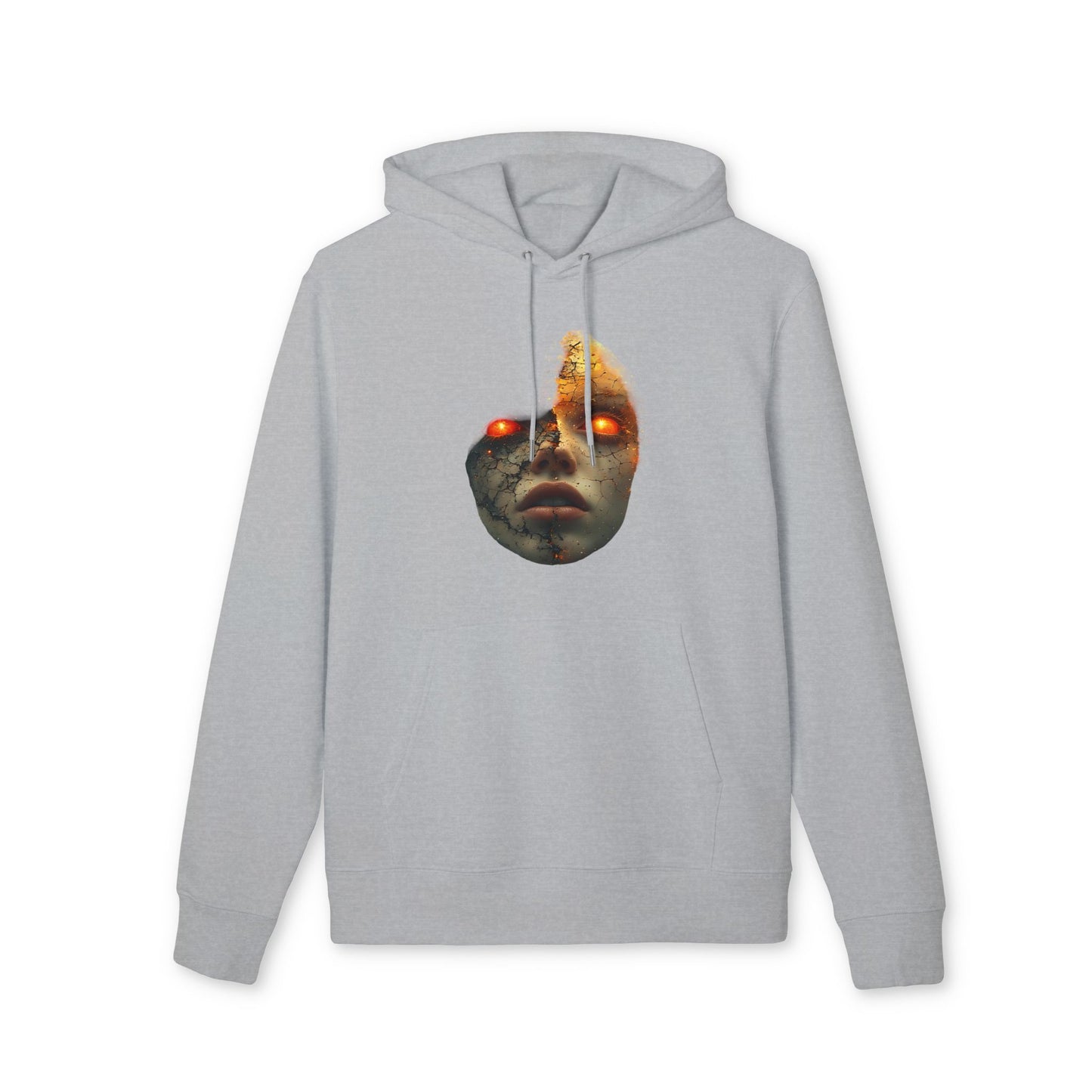 Ucique Cracked Mask Hoodie – Surreal Face with Glowing Eyes | Organic Cotton Gothic Eco Streetwear