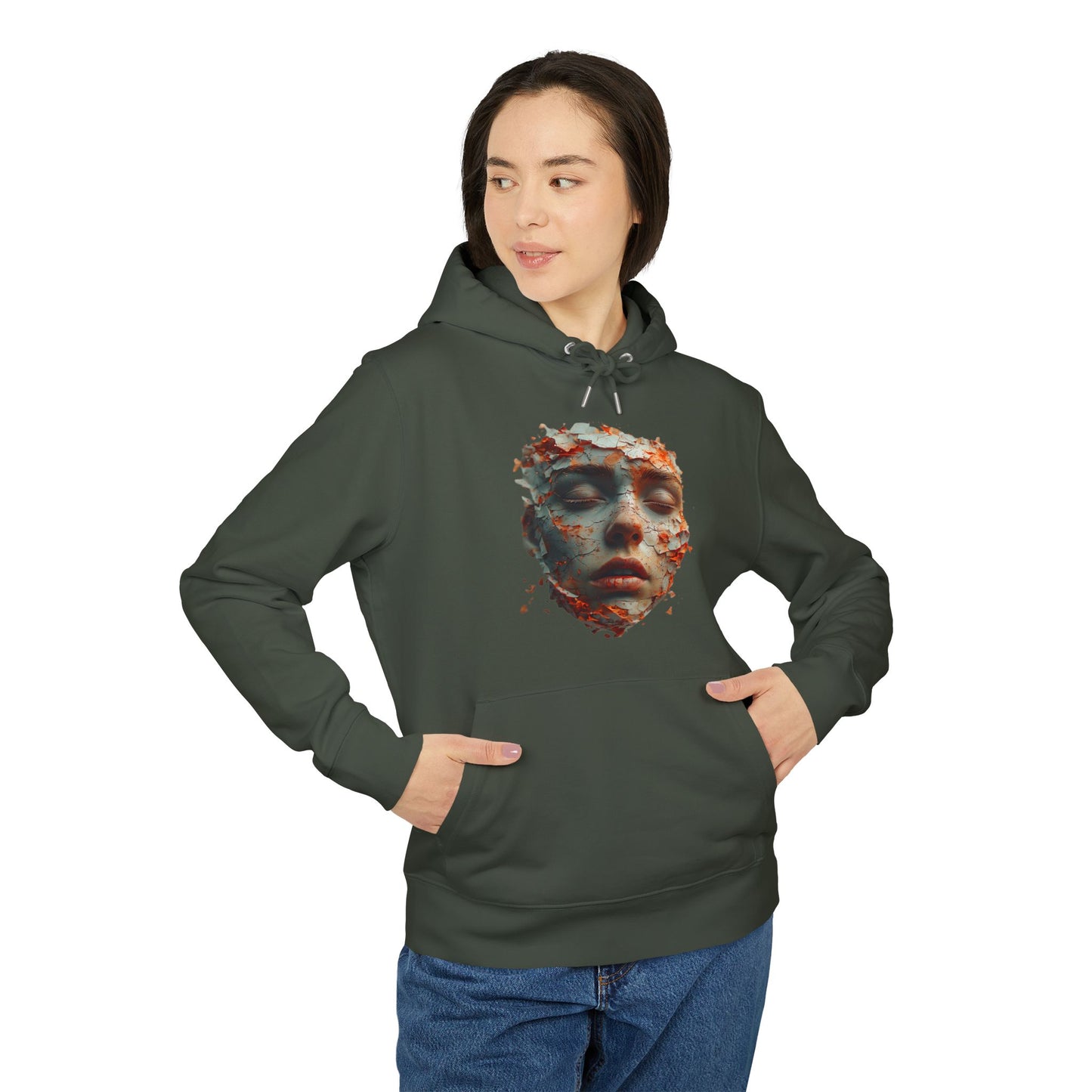 Ucique Fragmented Serenity Hoodie – Surreal Cracked Face Design | Organic Cotton Eco Gothic Streetwear