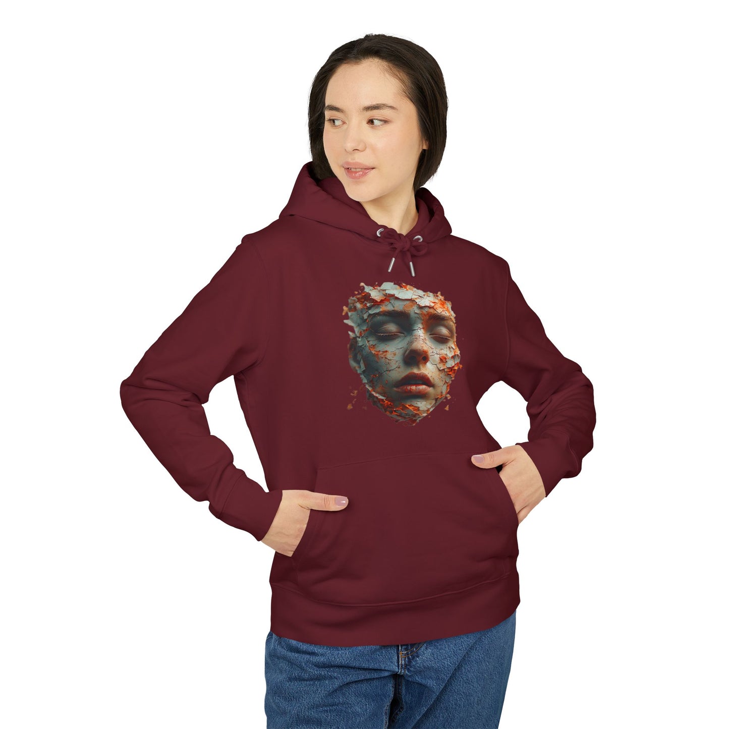 Ucique Fragmented Serenity Hoodie – Surreal Cracked Face Design | Organic Cotton Eco Gothic Streetwear