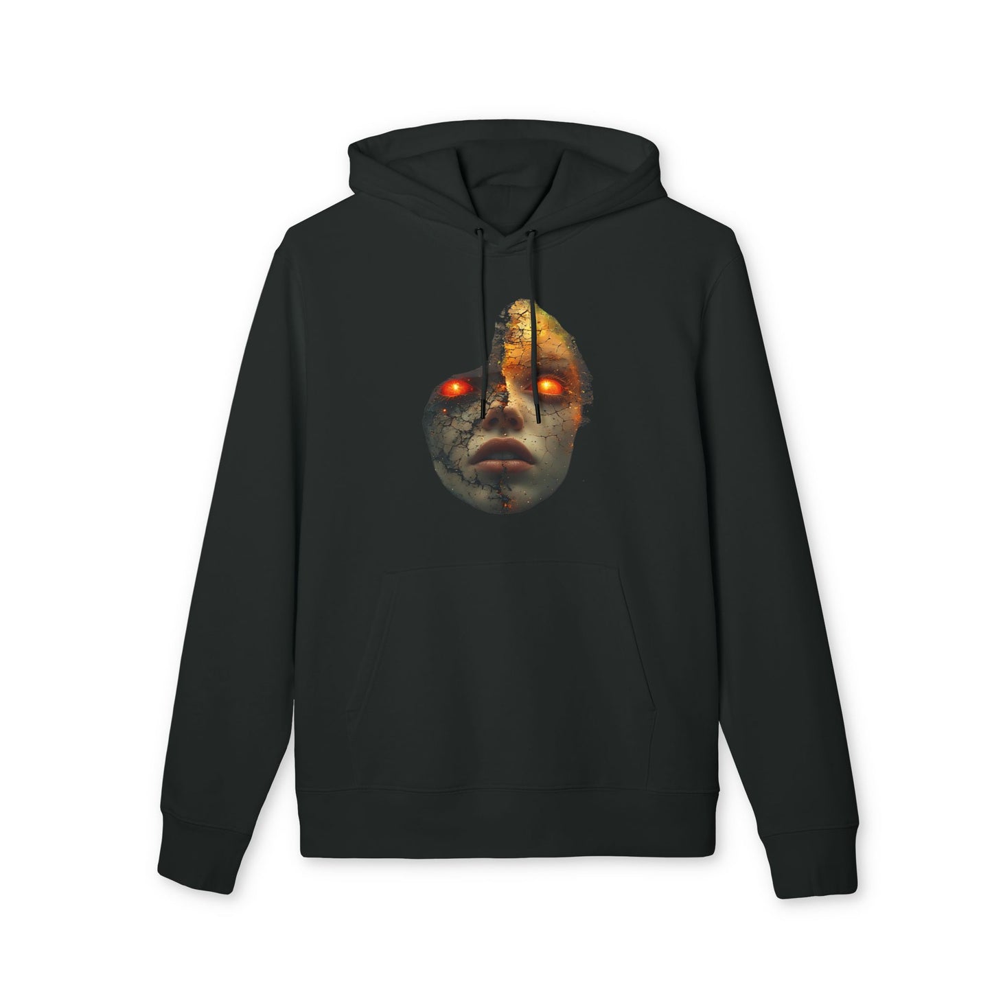Ucique Cracked Mask Hoodie – Surreal Face with Glowing Eyes | Organic Cotton Gothic Eco Streetwear