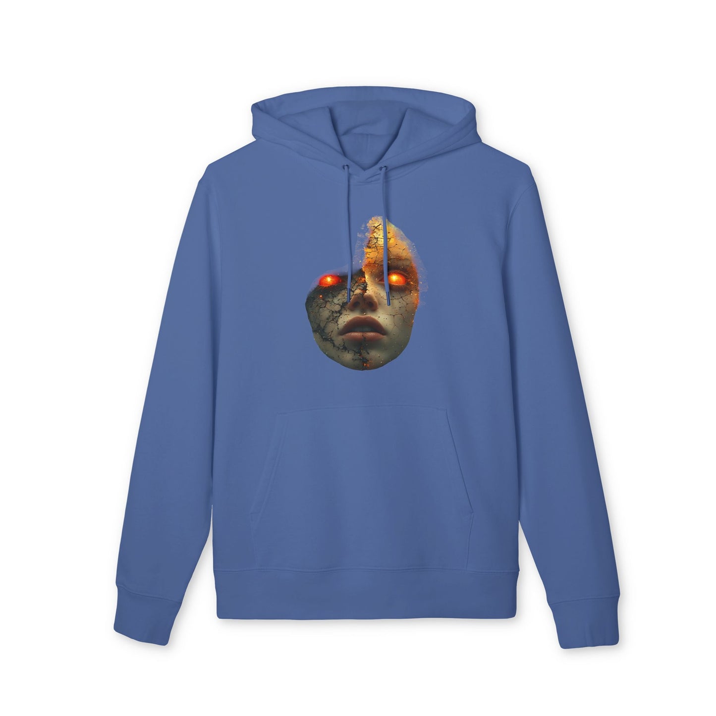 Ucique Cracked Mask Hoodie – Surreal Face with Glowing Eyes | Organic Cotton Gothic Eco Streetwear