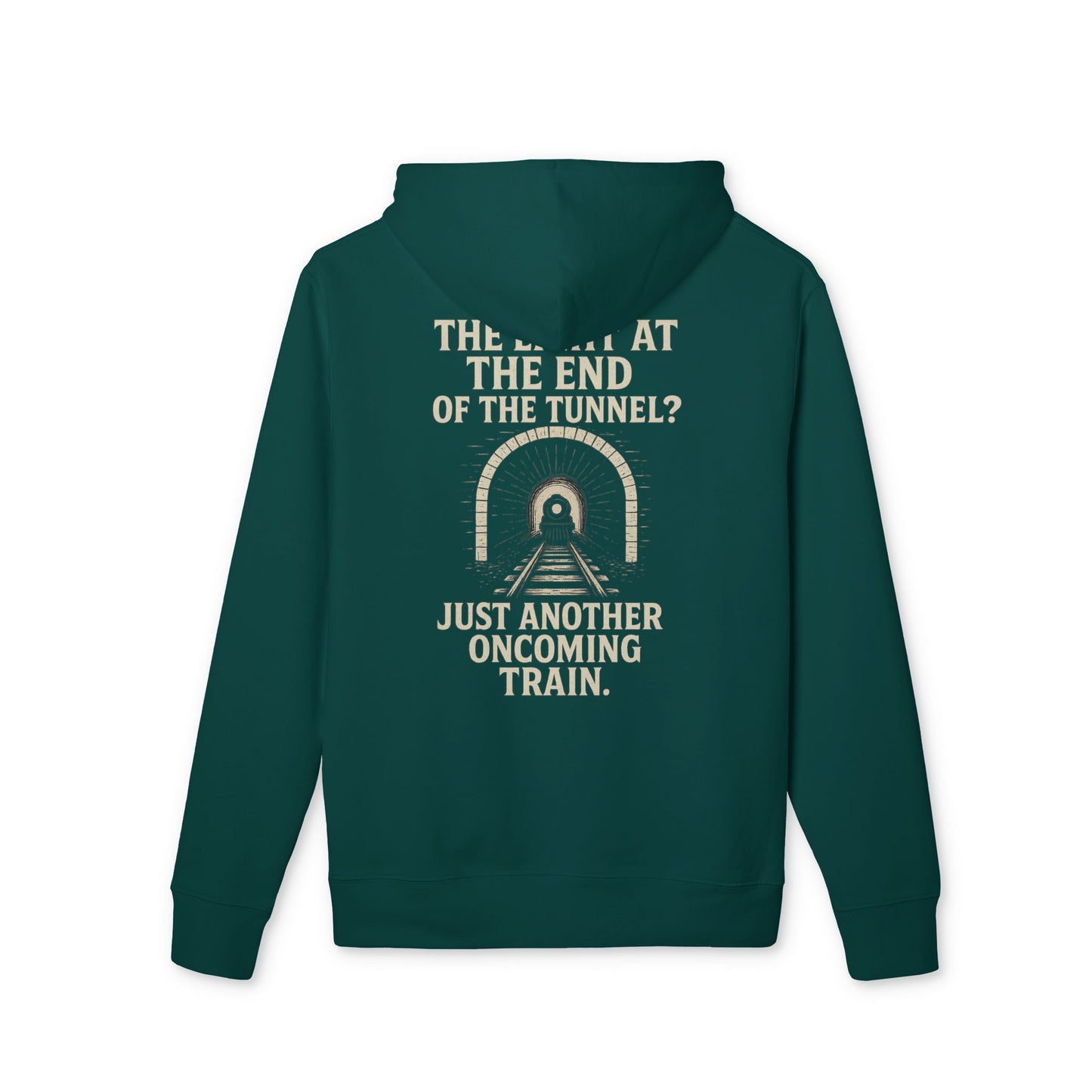 Ucique Organic Tunnel Hoodie – The Light at the End? Just Another Oncoming Train | Eco Gothic Sarcasm Streetwear