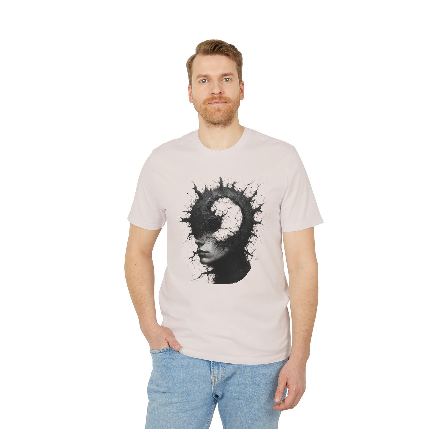 Ucique Spiral Mind T-Shirt – Surreal Cracked Head Design | Organic Cotton Eco Streetwear