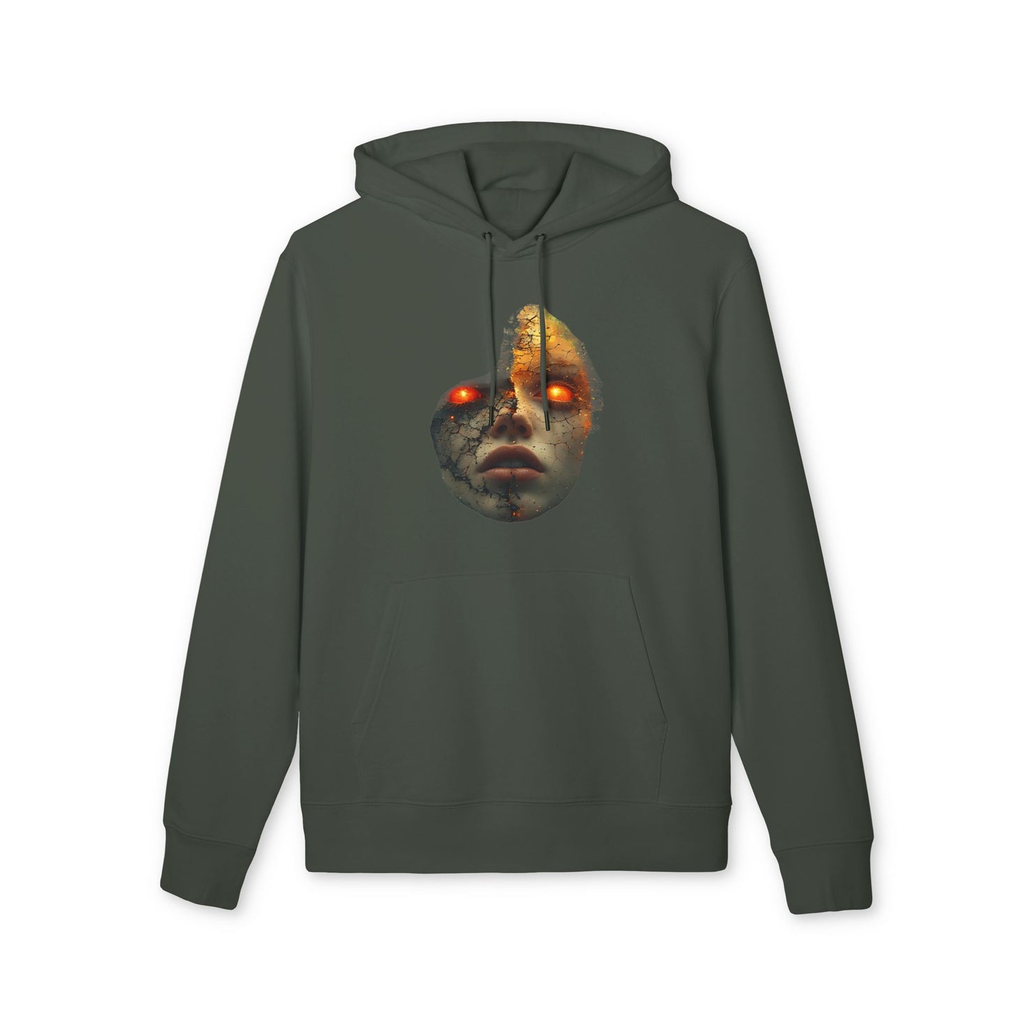 Ucique Cracked Mask Hoodie – Surreal Face with Glowing Eyes | Organic Cotton Gothic Eco Streetwear