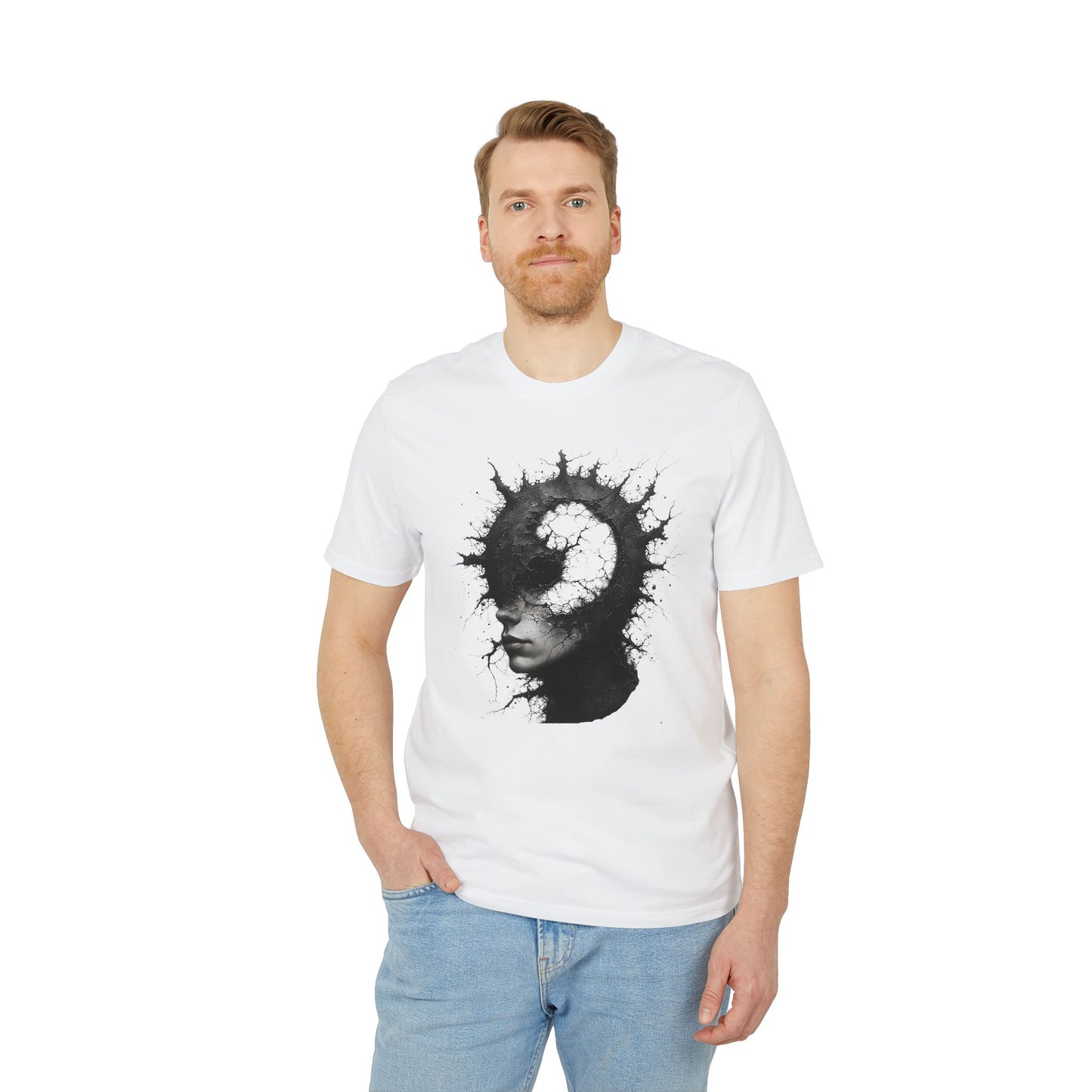 Ucique Spiral Mind T-Shirt – Surreal Cracked Head Design | Organic Cotton Eco Streetwear