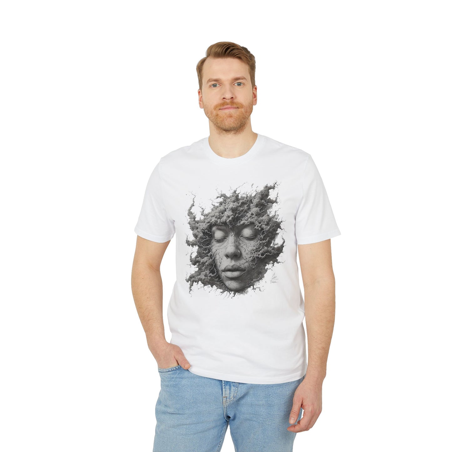 Ucique Dust of Silence T-Shirt – Surreal Face Fragment Design | Organic Cotton Eco Streetwear