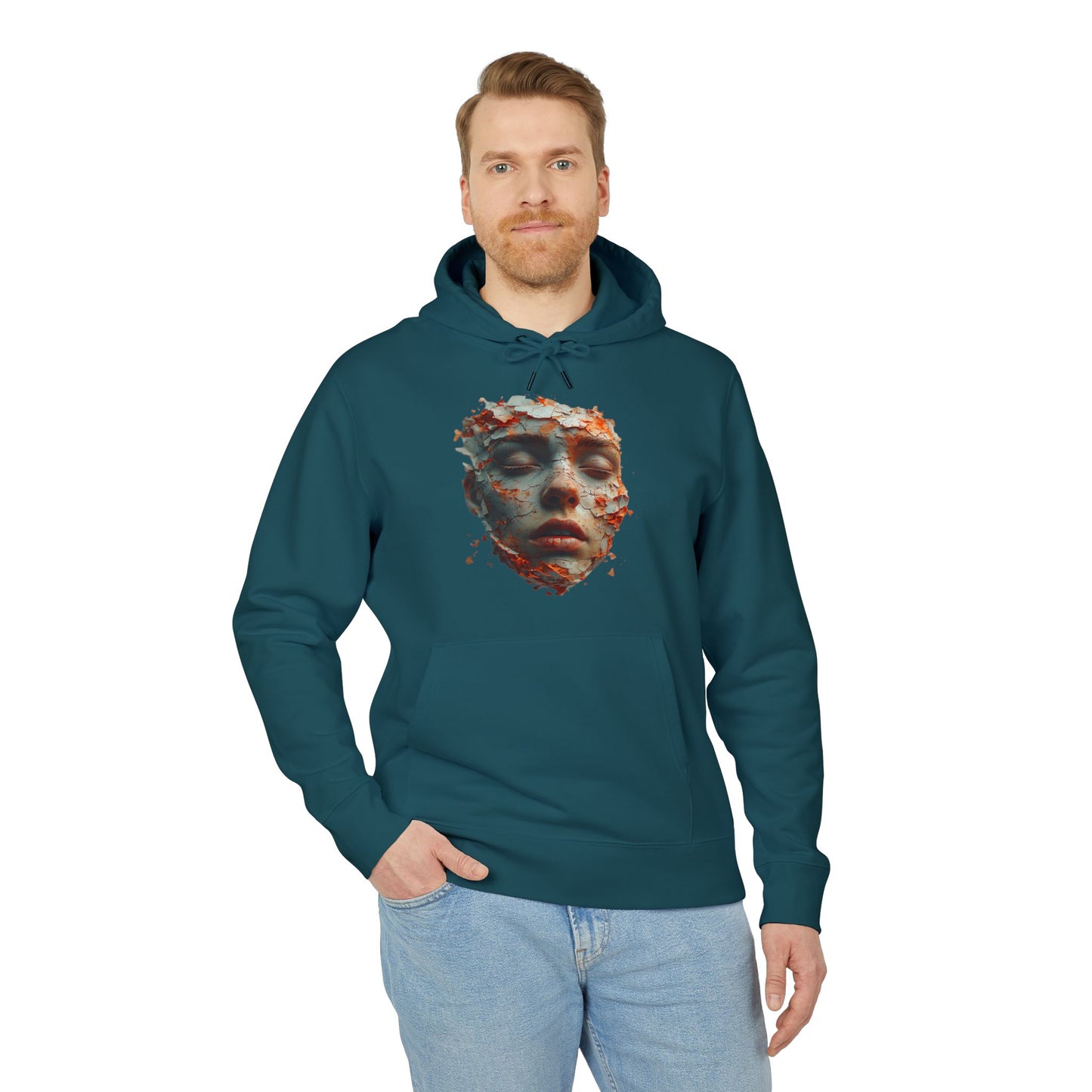 Ucique Fragmented Serenity Hoodie – Surreal Cracked Face Design | Organic Cotton Eco Gothic Streetwear