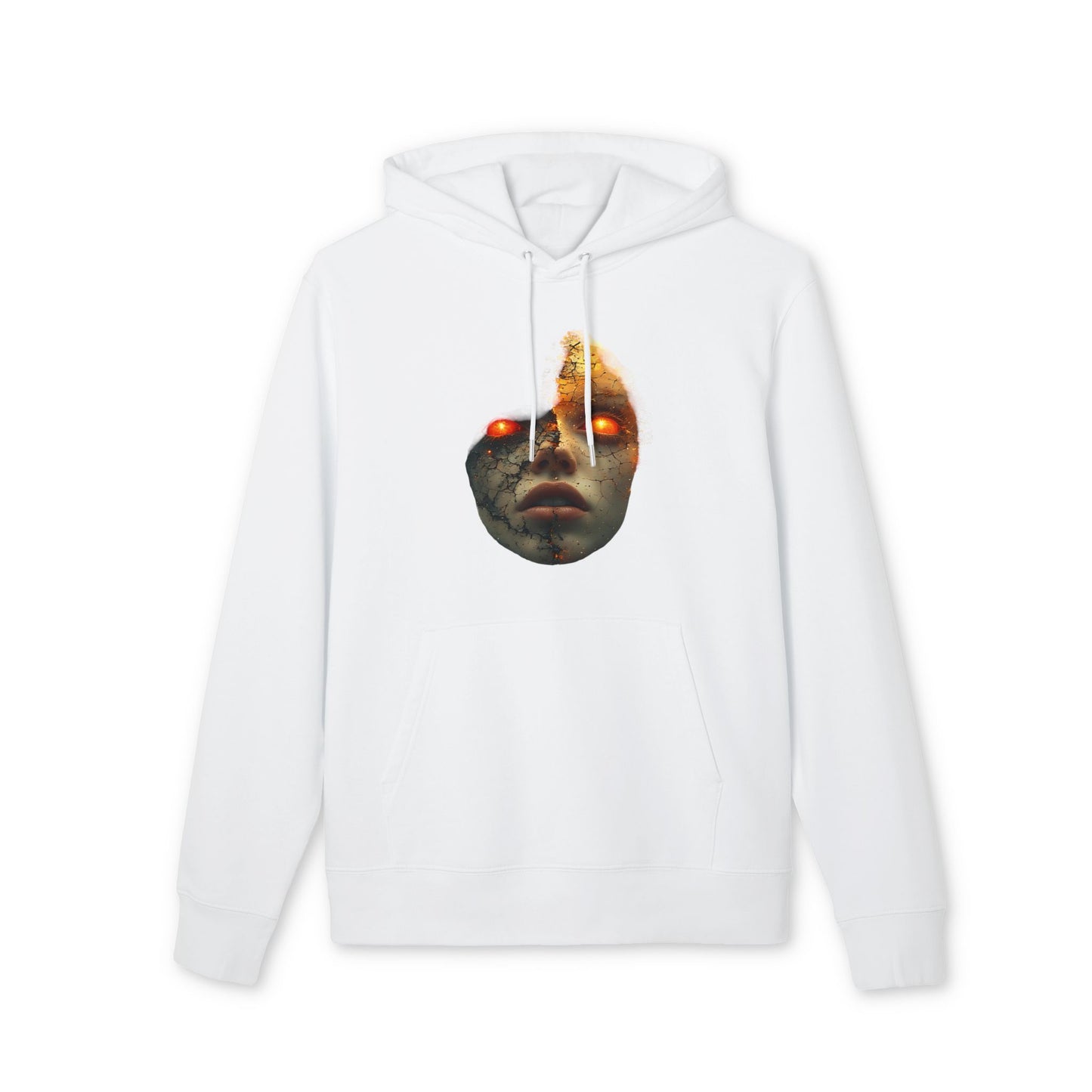 Ucique Cracked Mask Hoodie – Surreal Face with Glowing Eyes | Organic Cotton Gothic Eco Streetwear