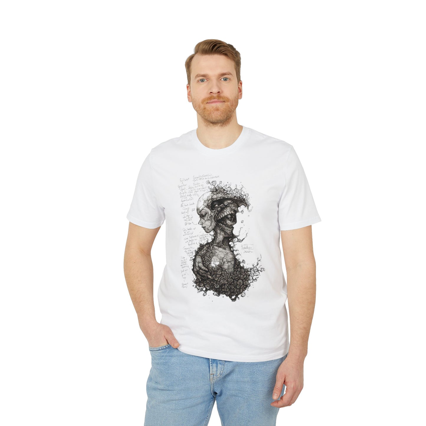 Ucique Dual Existence T-Shirt – Surreal Line-Art Fusion | Organic Cotton Eco Streetwear