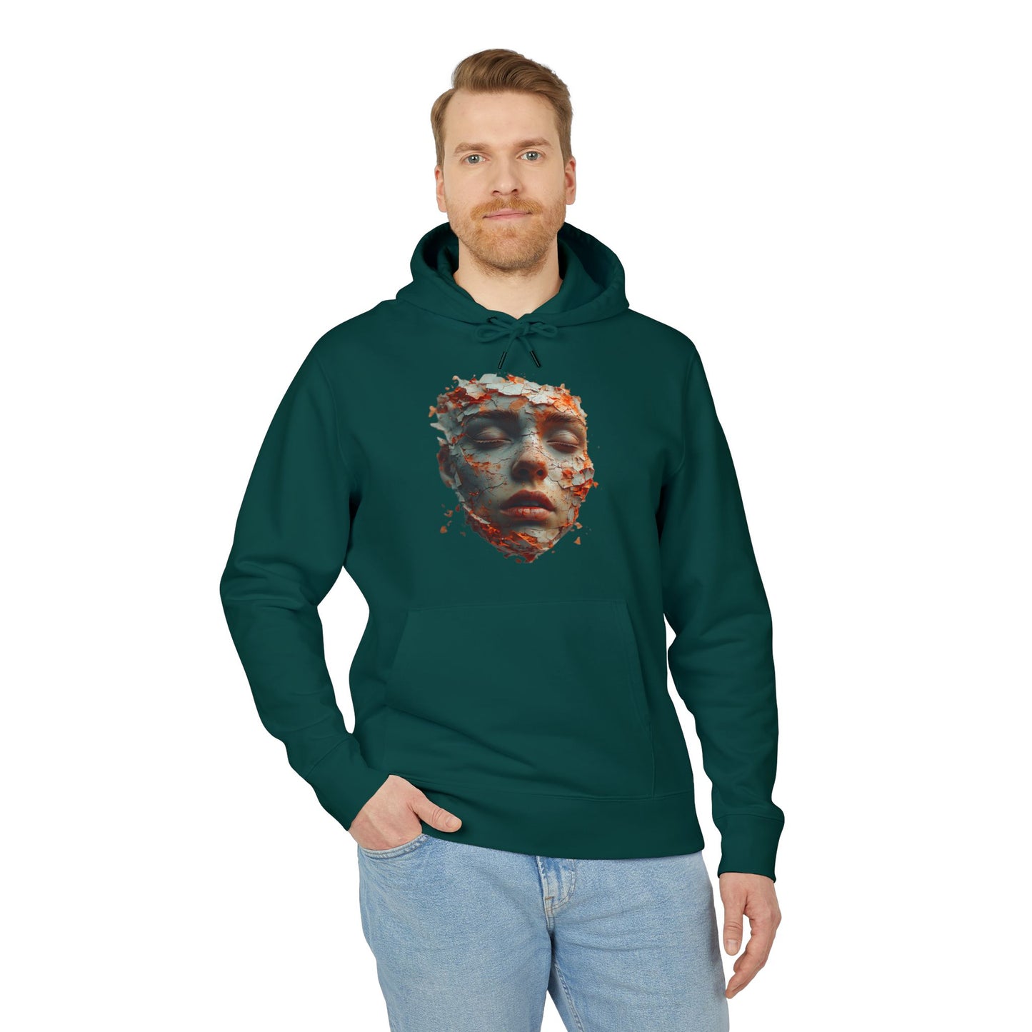 Ucique Fragmented Serenity Hoodie – Surreal Cracked Face Design | Organic Cotton Eco Gothic Streetwear