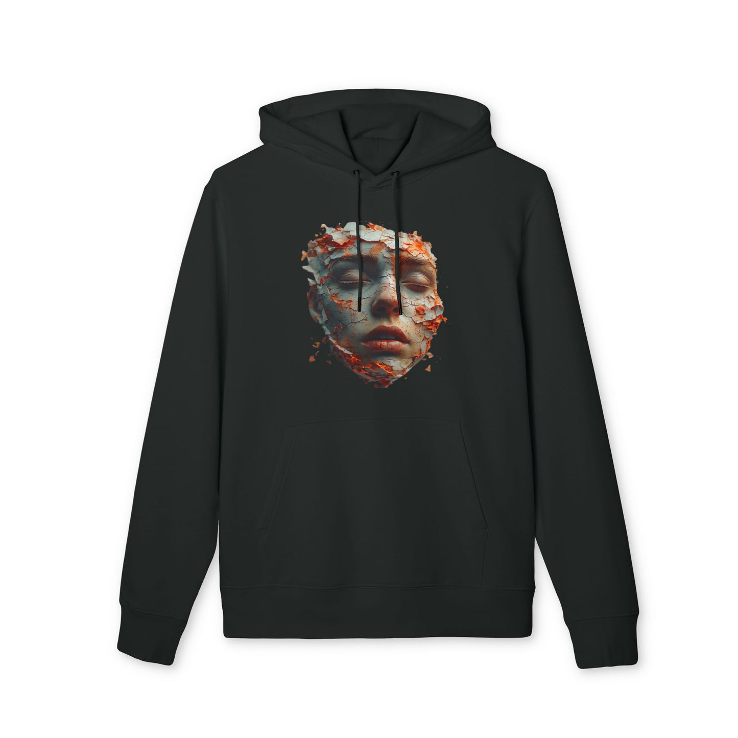 Ucique Fragmented Serenity Hoodie – Surreal Cracked Face Design | Organic Cotton Eco Gothic Streetwear