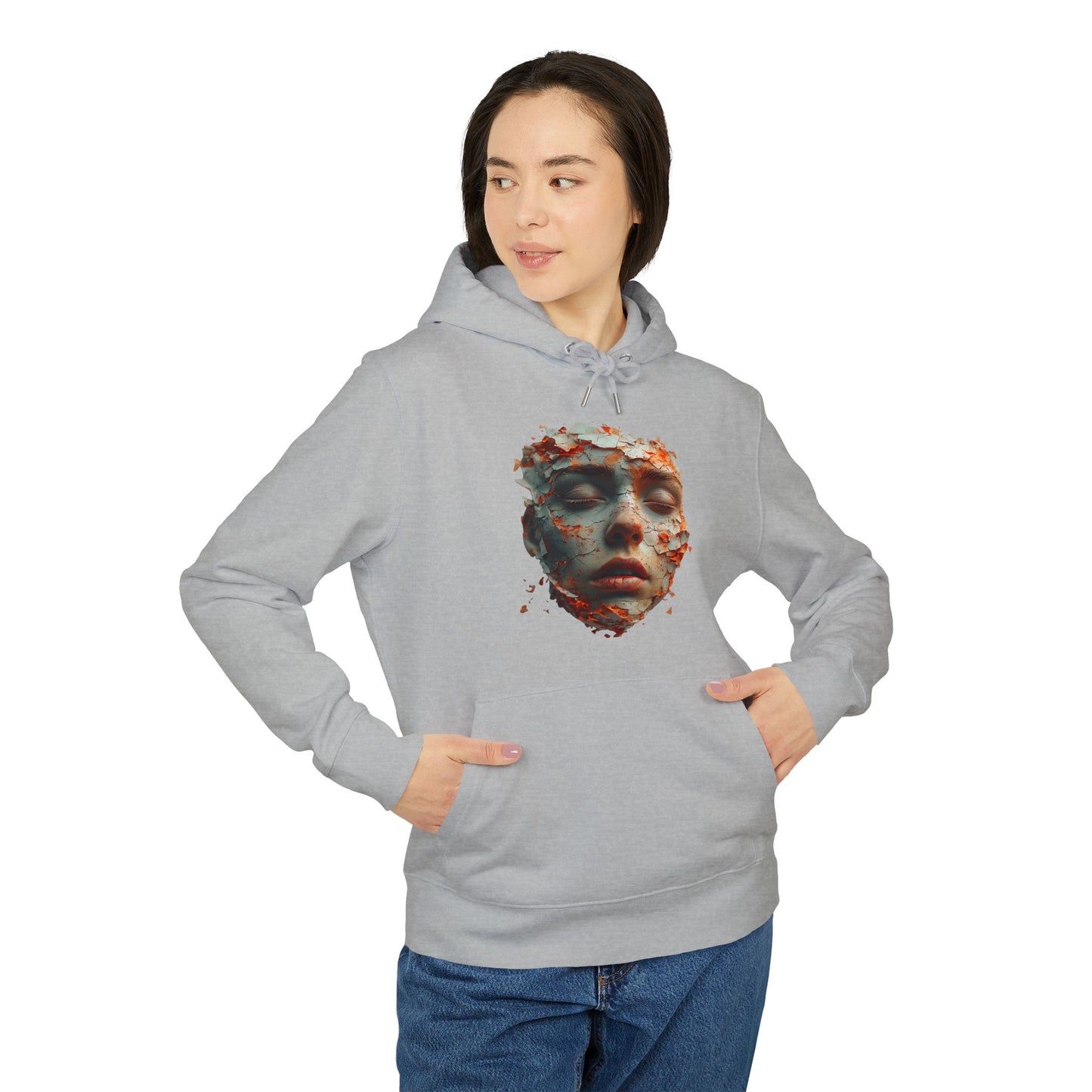 Ucique Fragmented Serenity Hoodie – Surreal Cracked Face Design | Organic Cotton Eco Gothic Streetwear