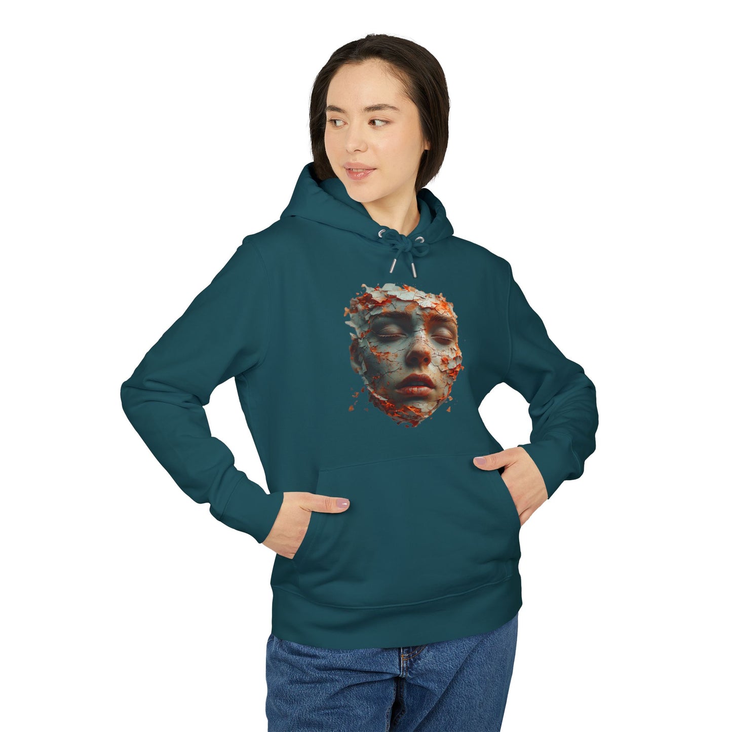 Ucique Fragmented Serenity Hoodie – Surreal Cracked Face Design | Organic Cotton Eco Gothic Streetwear