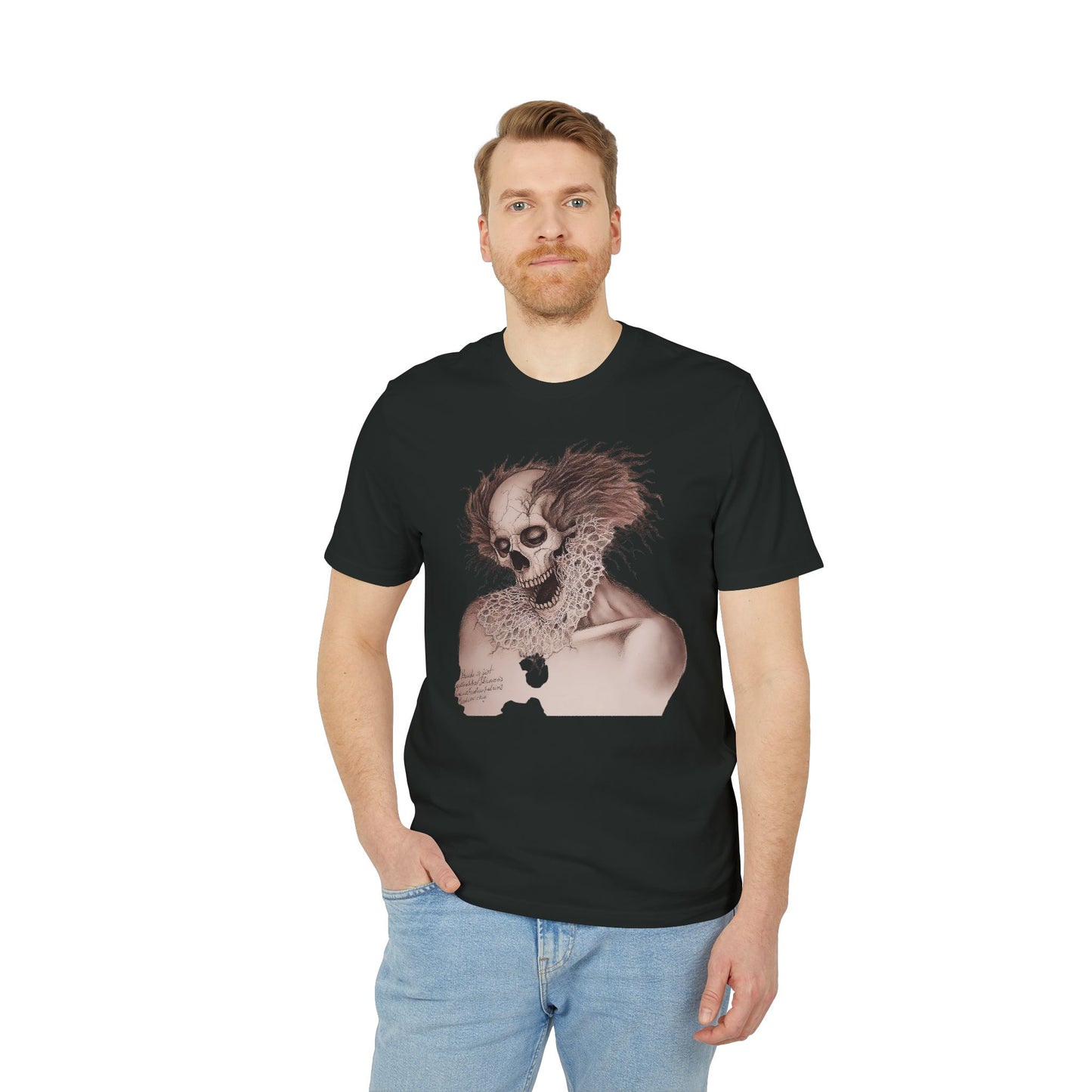 Ucique Bone Jester T-Shirt – Surreal Skull Portrait | Organic Cotton Eco Gothic Streetwear