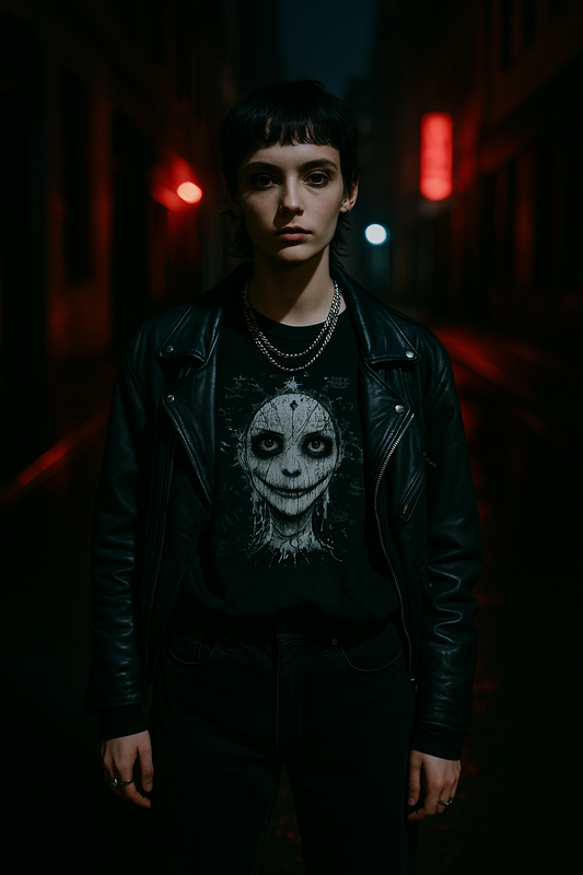 Ucique Stitched Smile T-Shirt – Surreal Gothic Face Design | Eco Unisex Streetwear