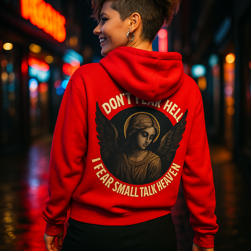 Ucique Angel Hoodie – I Don’t Fear Hell, I Fear Small Talk in Heaven | Gothic Sarcasm Streetwear