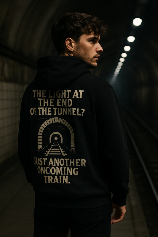 Ucique Organic Tunnel Hoodie – The Light at the End? Just Another Oncoming Train | Eco Gothic Sarcasm Streetwear