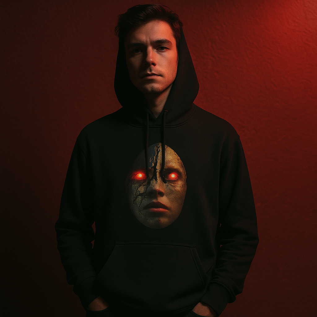 Ucique Cracked Mask Hoodie – Surreal Face with Glowing Eyes | Organic Cotton Gothic Eco Streetwear