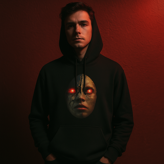 Ucique Cracked Mask Hoodie – Surreal Face with Glowing Eyes | Organic Cotton Gothic Eco Streetwear