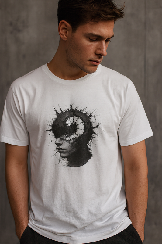 Ucique Spiral Mind T-Shirt – Surreal Cracked Head Design | Organic Cotton Eco Streetwear