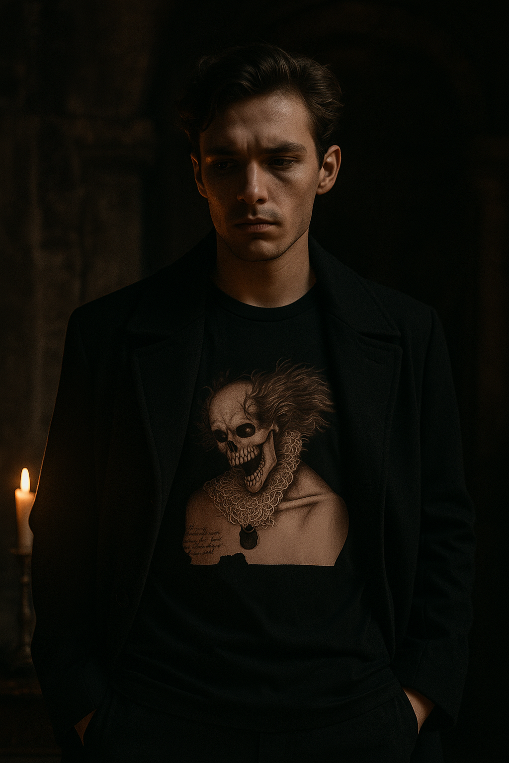 Ucique Bone Jester T-Shirt – Surreal Skull Portrait | Organic Cotton Eco Gothic Streetwear