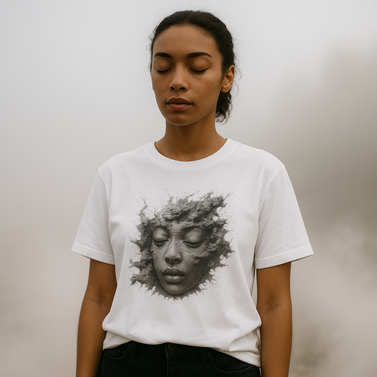 Ucique Dust of Silence T-Shirt – Surreal Face Fragment Design | Organic Cotton Eco Streetwear