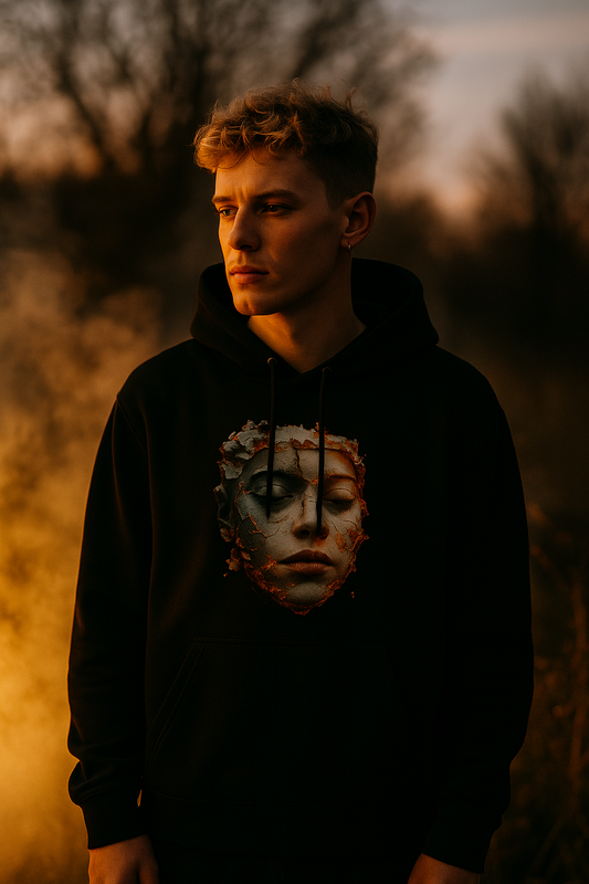 Ucique Fragmented Serenity Hoodie – Surreal Cracked Face Design | Organic Cotton Eco Gothic Streetwear