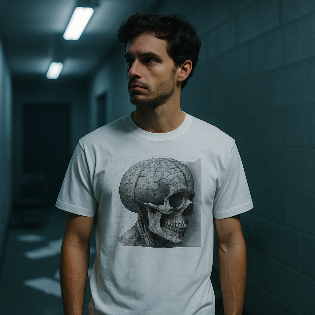 Ucique Mind Anatomy T-Shirt – Surreal Skull Blueprint Design | Organic Cotton Eco Streetwear