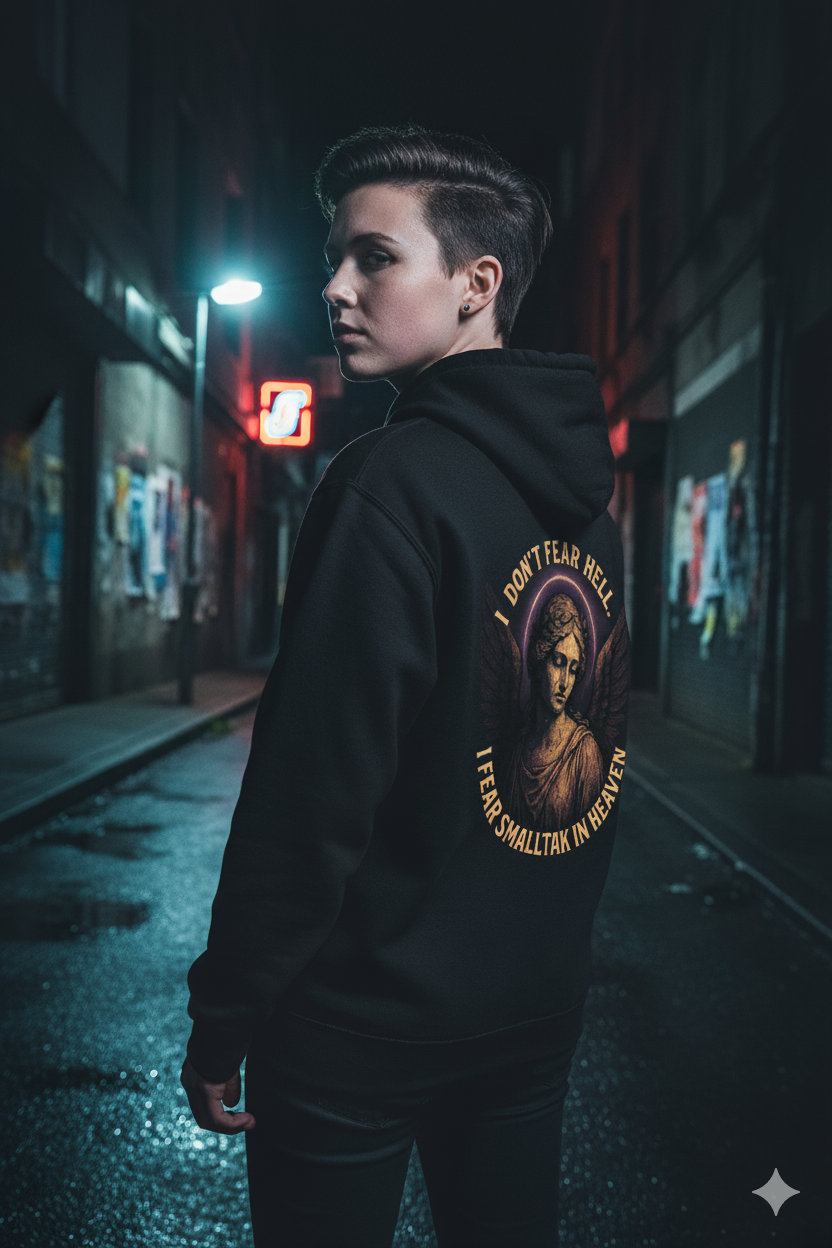 Ucique Angel Hoodie – I Don’t Fear Hell, I Fear Small Talk in Heaven | Gothic Sarcasm Streetwear