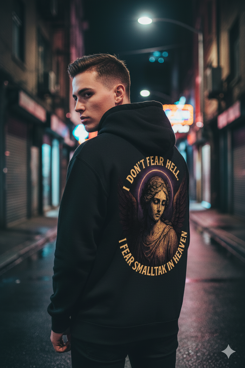 Ucique Angel Hoodie – I Don’t Fear Hell, I Fear Small Talk in Heaven | Gothic Sarcasm Streetwear