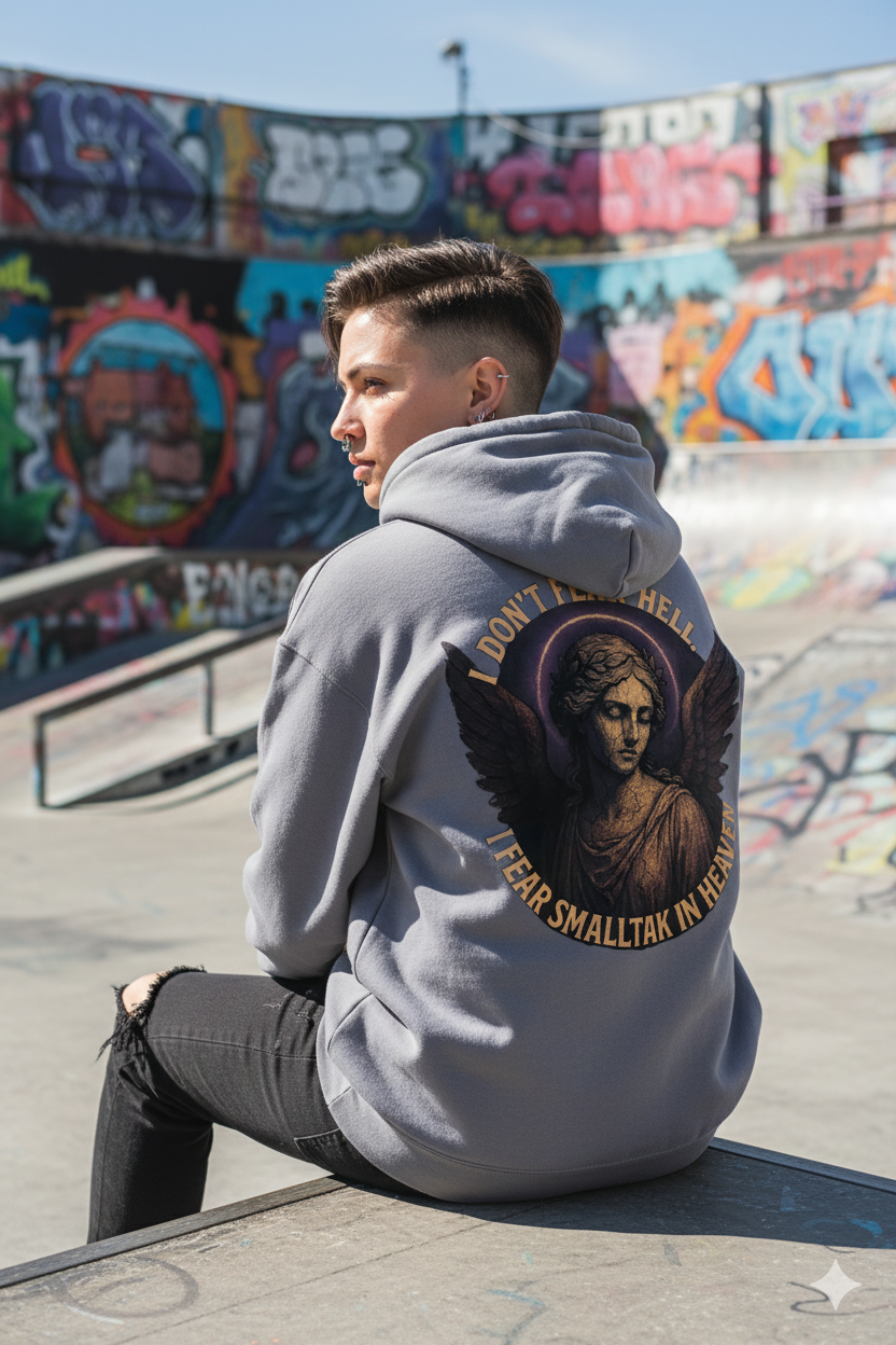 Ucique Angel Hoodie – I Don’t Fear Hell, I Fear Small Talk in Heaven | Gothic Sarcasm Streetwear
