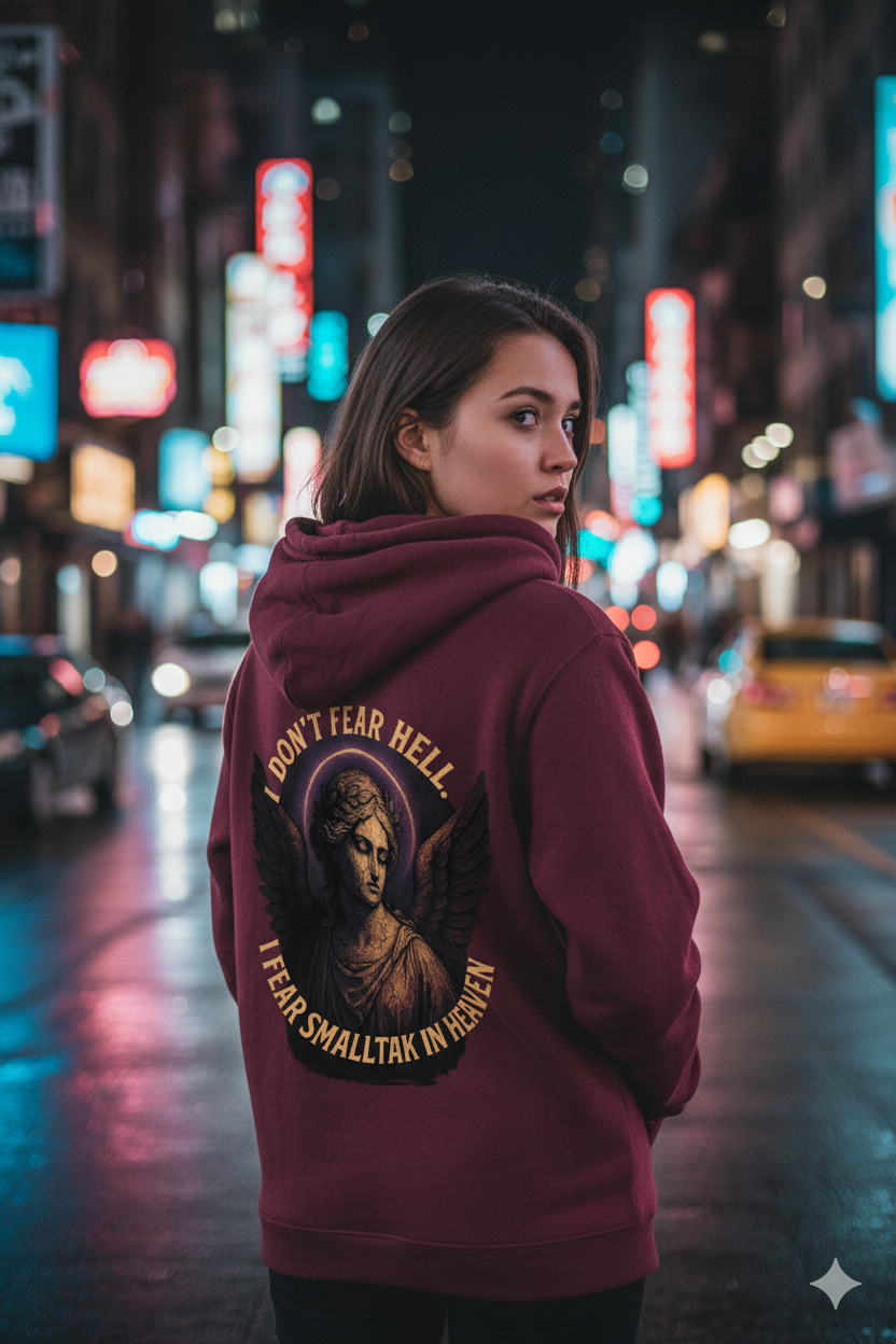 Ucique Angel Hoodie – I Don’t Fear Hell, I Fear Small Talk in Heaven | Gothic Sarcasm Streetwear