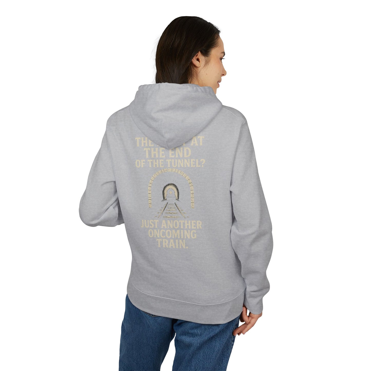 Ucique Organic Tunnel Hoodie – The Light at the End? Just Another Oncoming Train | Eco Gothic Sarcasm Streetwear