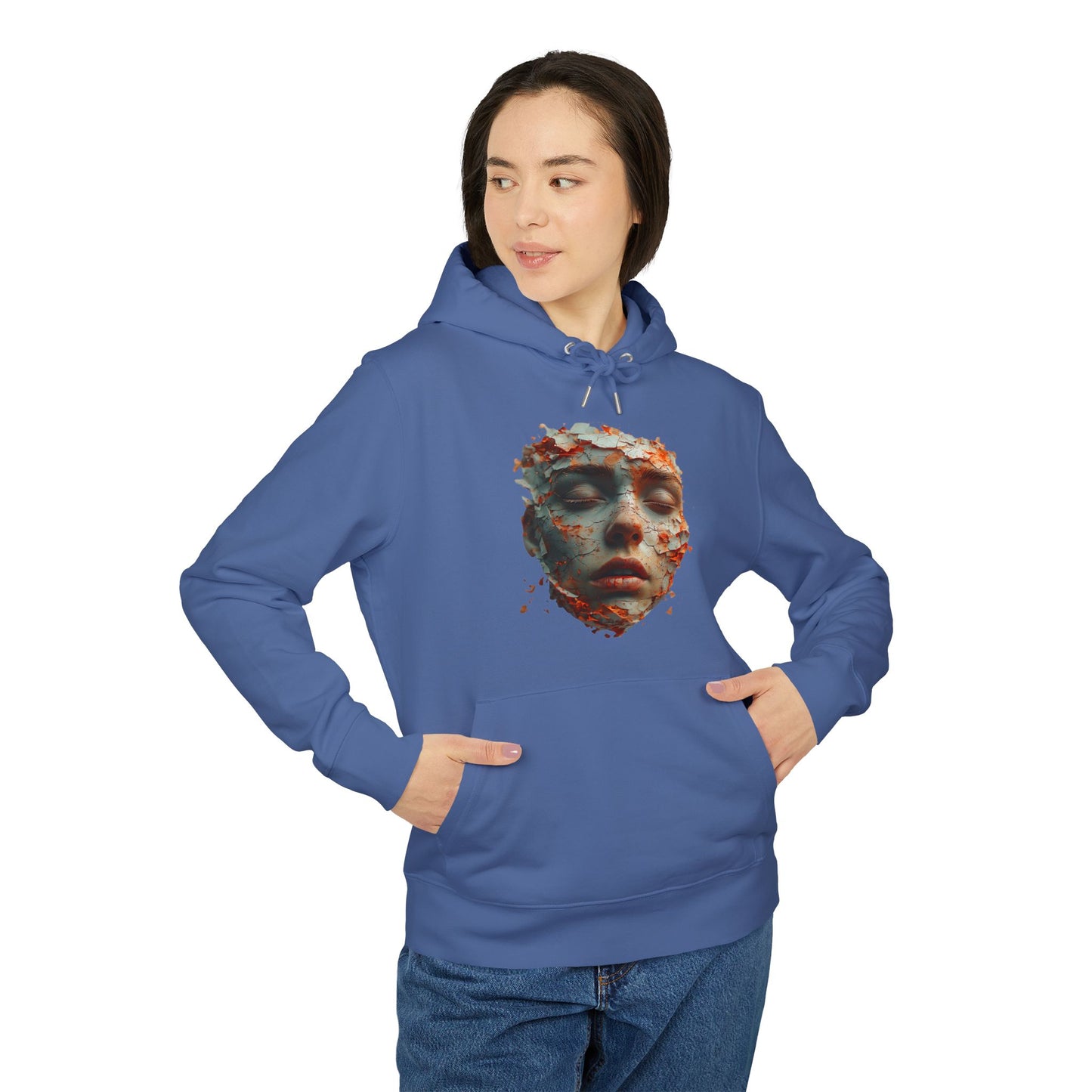 Ucique Fragmented Serenity Hoodie – Surreal Cracked Face Design | Organic Cotton Eco Gothic Streetwear