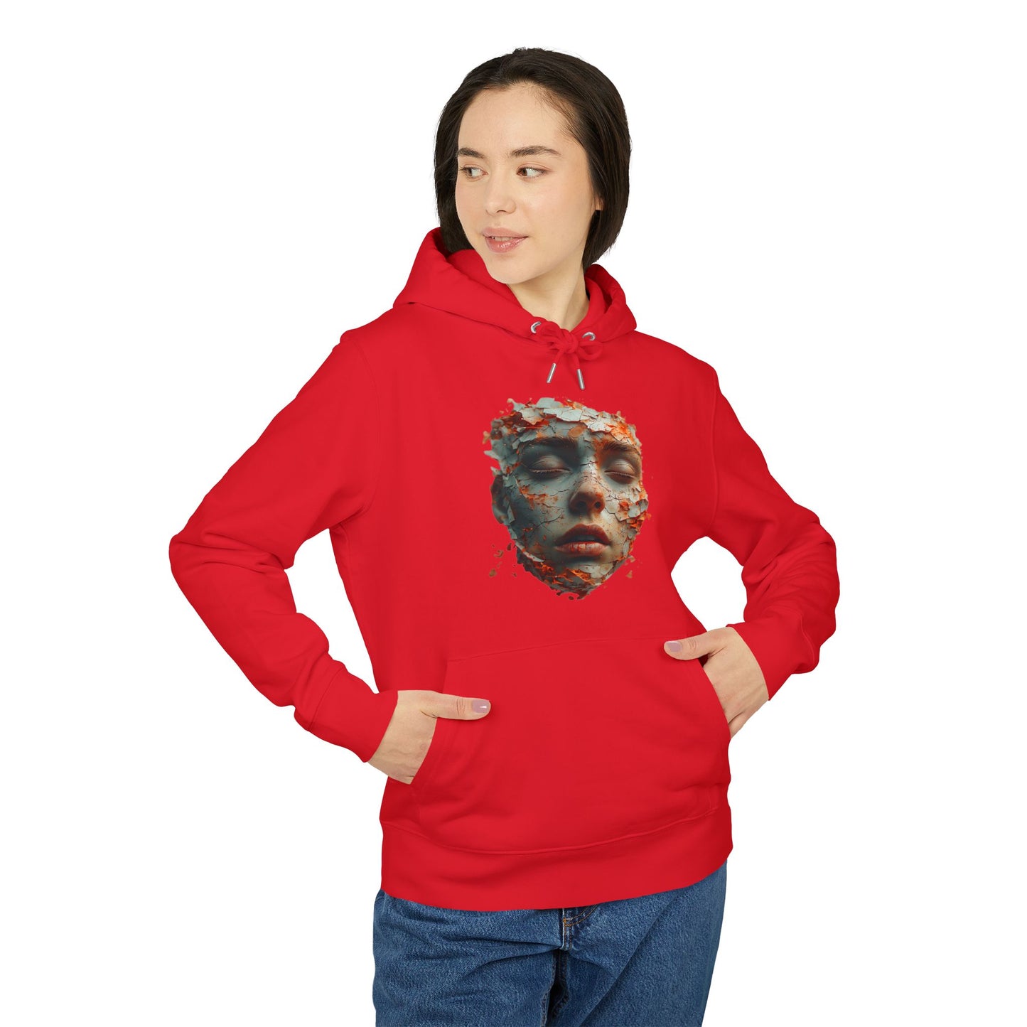 Ucique Fragmented Serenity Hoodie – Surreal Cracked Face Design | Organic Cotton Eco Gothic Streetwear