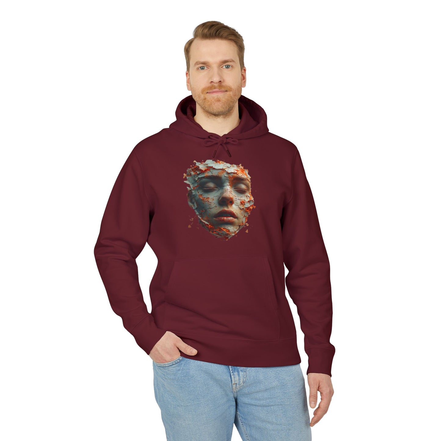 Ucique Fragmented Serenity Hoodie – Surreal Cracked Face Design | Organic Cotton Eco Gothic Streetwear